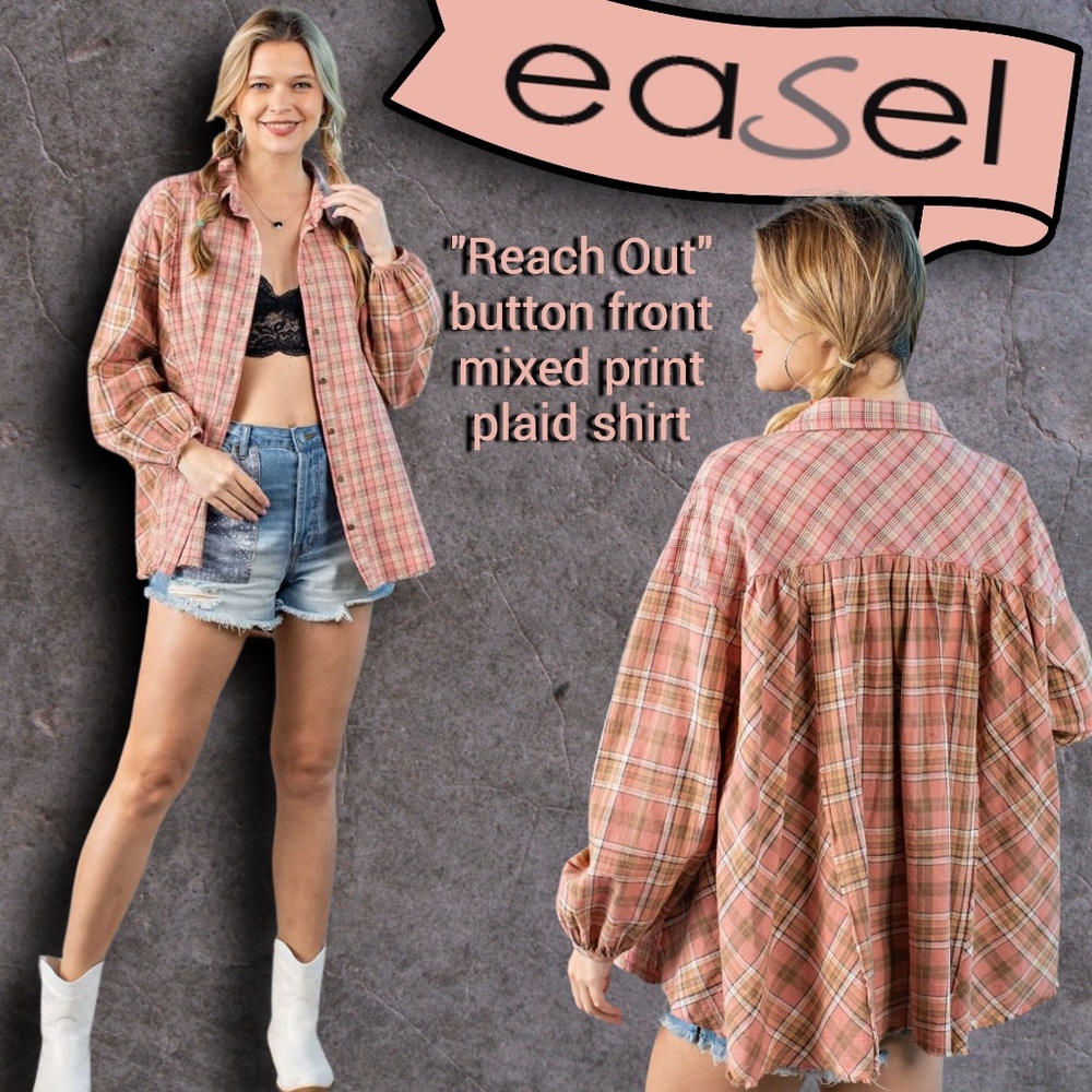 EASEL "Reach Out" Soft Cotton Button Front Top Plaid Flowy Full Oversized Comfy